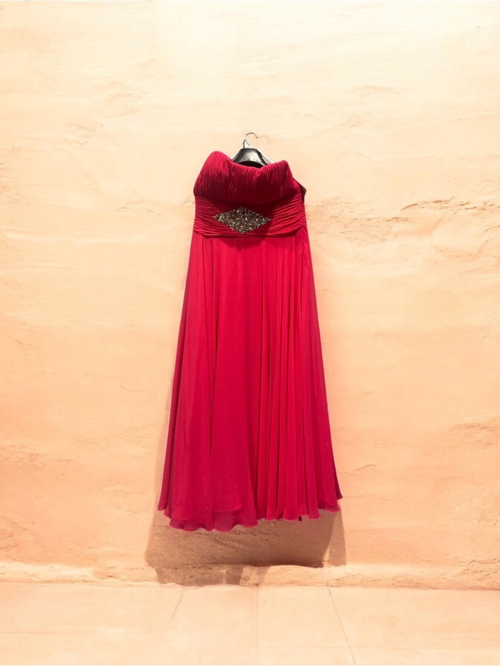 Strapless Red Evening Gown with Jeweled Waist